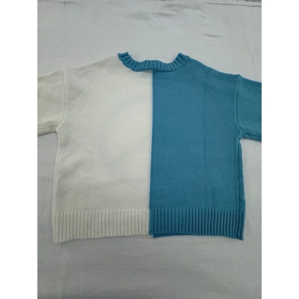 Justice Girls Knit Sweater Pullover M (10) Blue White Colorblock Peace Sequin